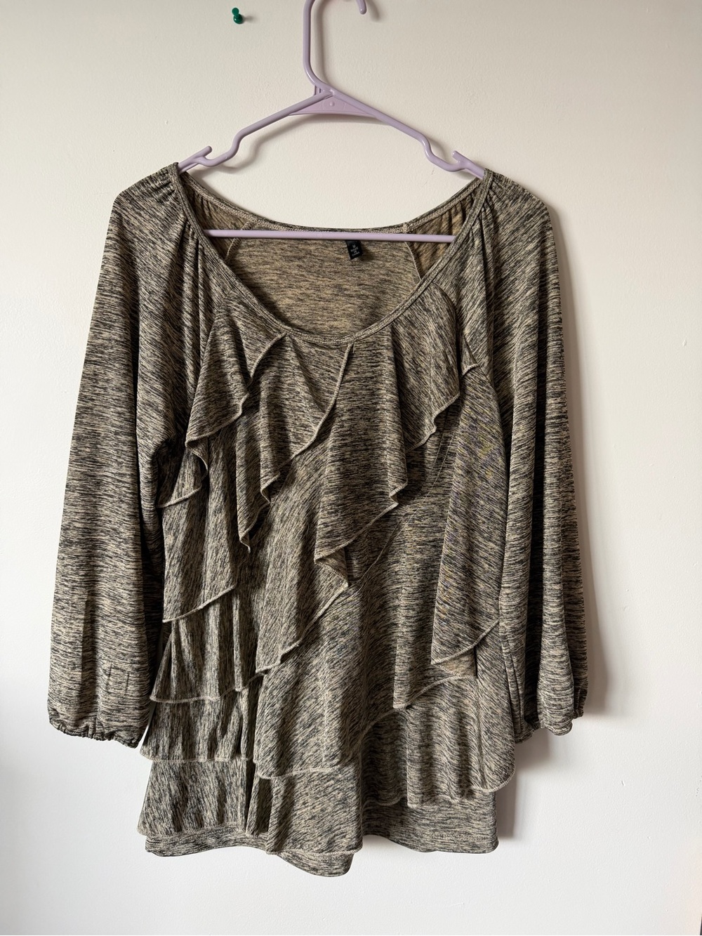 Heathered Olive-Taupe Ruffled Scoop Neck Top